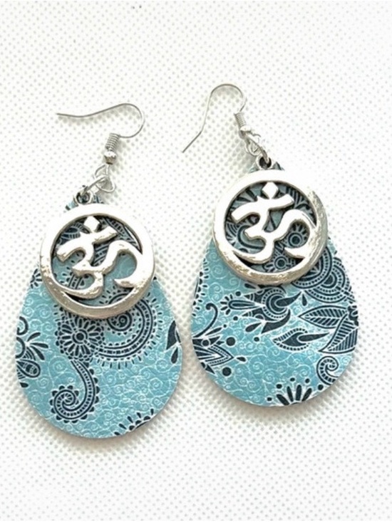 Jewelry - Silver serenity Om dangle Teardrop Earrings with Light Blue Pattern